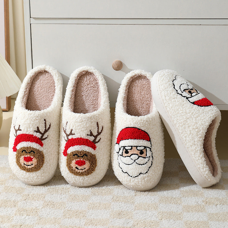Christmas Home Slippers Cute Cartoon Santa Claus Cotton Slippers For Women And Men Couples Winter Warm Furry Shoes null