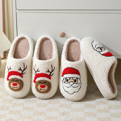 Christmas Home Slippers Cute Cartoon Santa Claus Cotton Slippers For Women And Men Couples Winter Warm Furry Shoes null