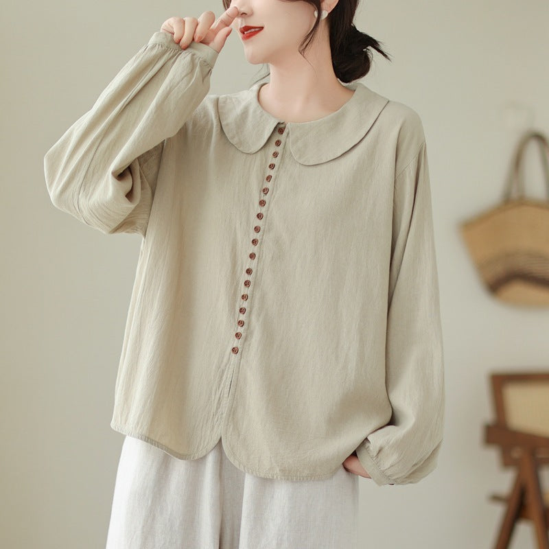 Women's Simple Doll Collar Cotton Linen Long Sleeve Blouse null