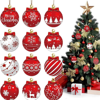 12PCS Red & White Wooden Christmas Ball Ornaments – Elk & Snowflake Pattern Hanging Decorations Shop1102892585 Store