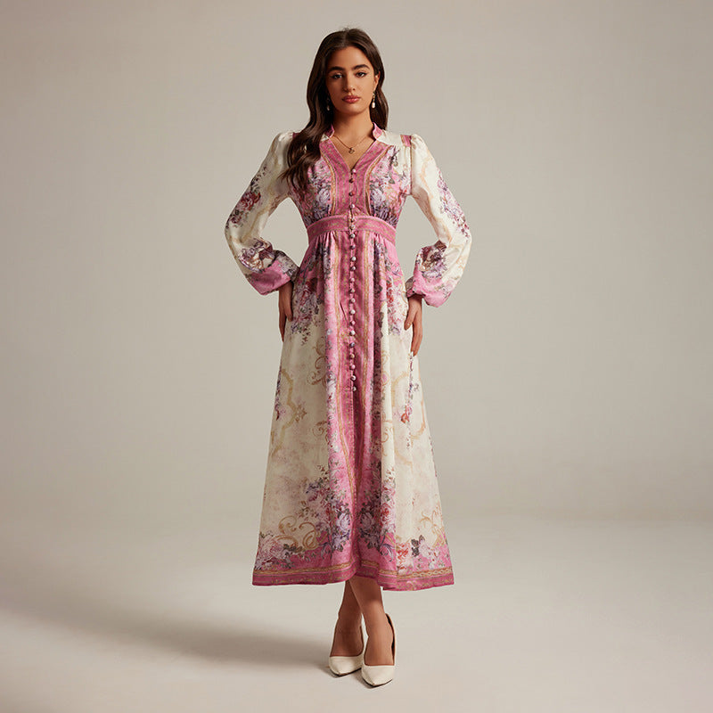 Special Interest Design Style V-neck Vintage Printed Maxi Dress For Women null