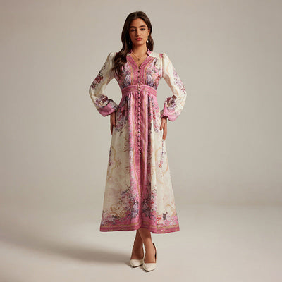 Special Interest Design Style V-neck Vintage Printed Maxi Dress For Women null