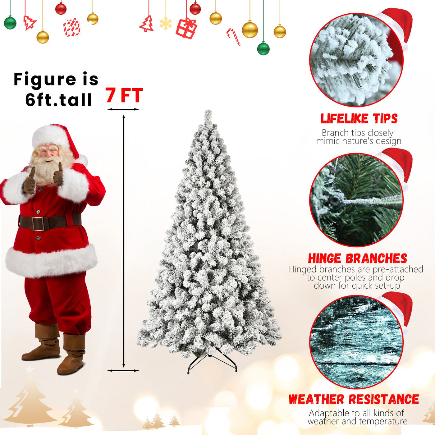 5ft 6ft 8ft 9ft Pre-Lit Flocked Christmas Tree Hinged Artificial Xmas Trees Premium PVC Branches With Lights null