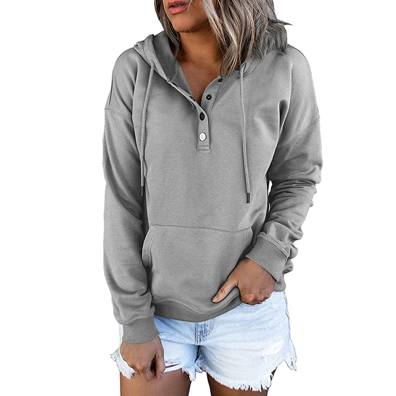 Long-sleeved Hooded Sweatshirt With Pockets Fashion Casual Button Drawstring Design Hoodie Top Spring And Autumn Sports Clothing For Women null