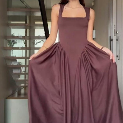 Women's Square Collar Sexy Sleeveless Pleated Temperament Slim Dress null