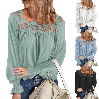 Loose Pullover Shirt Hollow Out Lace-collared Blouse Women null