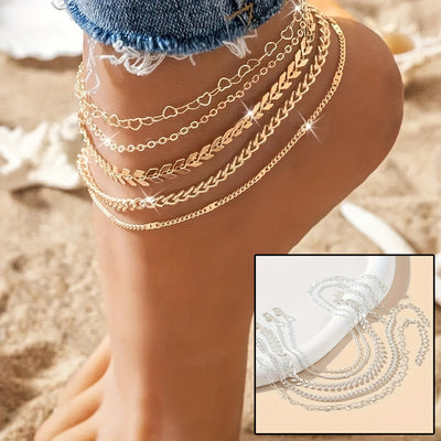5Pcs Bohemian Airplane Chain Ankle Chain Fashion Design Heart-shaped Chain Anklets Women's Summer Beach On Foot Chain Jewelry null