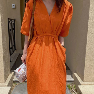 Mid-length Lace-up Waist Big Pocket Dress null