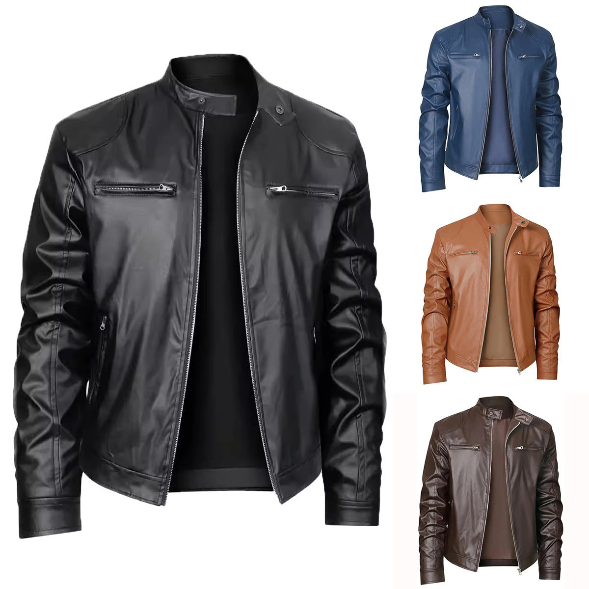 Men's Stand-up Collar Slim Fit Leather Jacket Zipper Pocket Decoration null