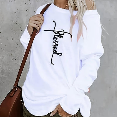 Ladies Off Shoulder Autumn Winter Letter Printed Casual White Long Sleeved T-shirt Top null