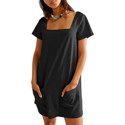 Women's Square Collar Short Sleeve Fashion Short Skirt Pocket Casual Dress null