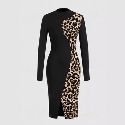 European And American Semi-formal Dress Fashion Slim-fit Sheath Leopard Splicing null