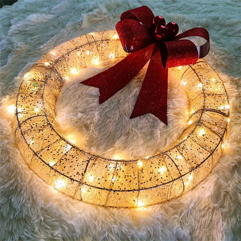 Christmas Garland 50CM Luminous LED Warm Light Metal Luminous Wreath With Big Bowknot Christmas Front Door Home Holiday Party Door Hanging Decor null