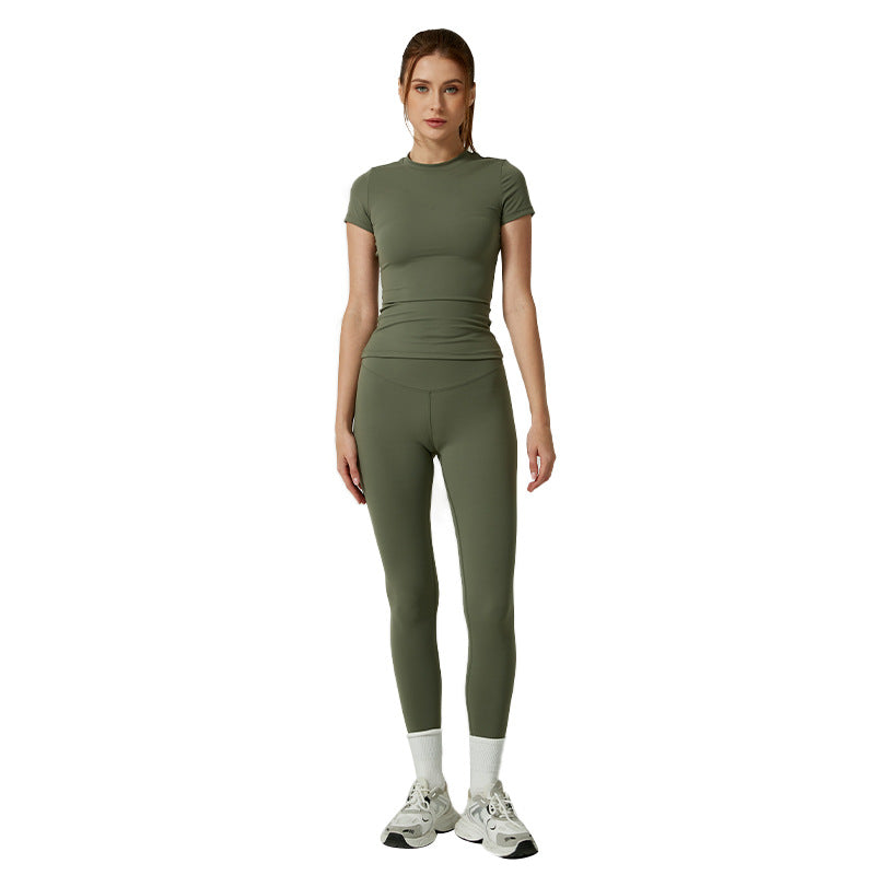Yoga Clothes Women's Two-piece Round Neck Short Sleeve Tight Trousers null