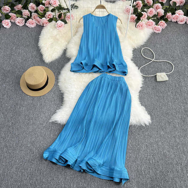 Casual Elegance Sleeveless Ruffled Loose Top And Skirt Two-piece Set null