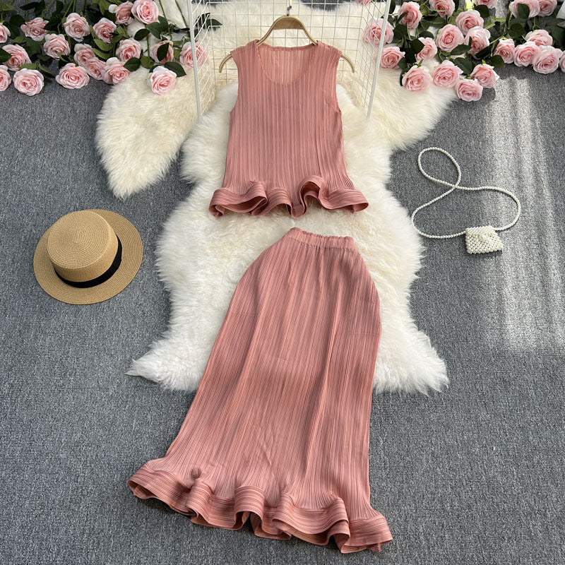 Casual Elegance Sleeveless Ruffled Loose Top And Skirt Two-piece Set null
