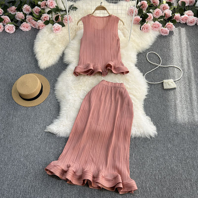 Casual Elegance Sleeveless Ruffled Loose Top And Skirt Two-piece Set null