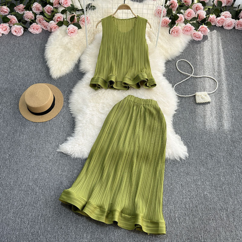 Casual Elegance Sleeveless Ruffled Loose Top And Skirt Two-piece Set null