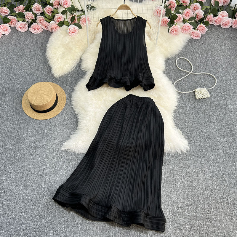 Casual Elegance Sleeveless Ruffled Loose Top And Skirt Two-piece Set null