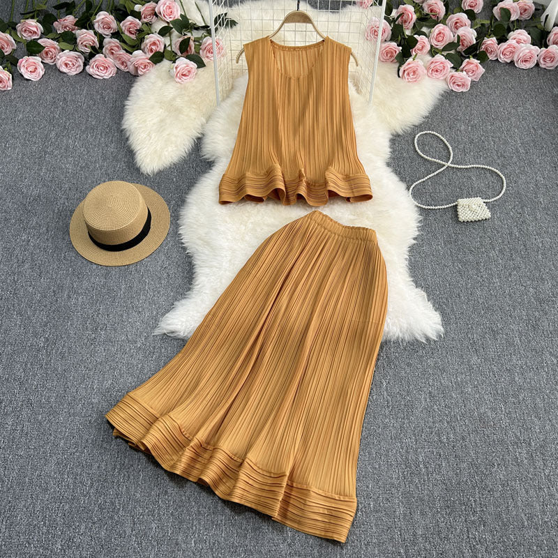 Casual Elegance Sleeveless Ruffled Loose Top And Skirt Two-piece Set null