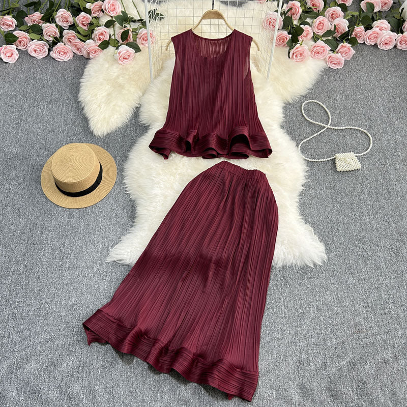 Casual Elegance Sleeveless Ruffled Loose Top And Skirt Two-piece Set null