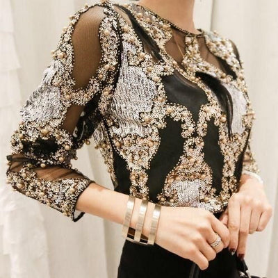 Beaded Embroidered Sequins Slimming Long Sleeve Pullover Top Women null
