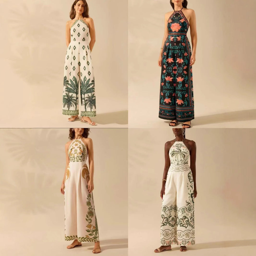 Women's Fashion Printed Sleeveless Halter Wide Leg Jumpsuit null