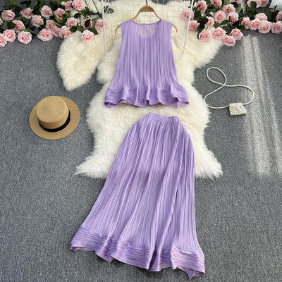 Casual Elegance Sleeveless Ruffled Loose Top And Skirt Two-piece Set null
