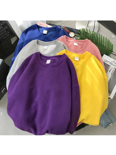 Woman Solid Color O-Neck Sweatshirt Casual Loose Fit Hoodie Harajuku Aesthetic Streetwear Velvet Pullover White Tops Korean Pop Shoppers Synchrony