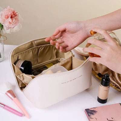 1pc Portable Travel Cosmetic Bag Large Capacity Pu Leather Cosmetic Bag Women Bathroom Wash Bag Multifunctional Shoppers Synchrony