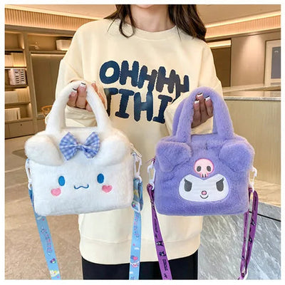 Kawaii Sanrio Plush Bag Kuromi Melody Cinnamoroll Cartoon Anime Handbag Crossbody Cosmetic Travel Storage Bags Women Girls Gifts Shoppers Synchrony