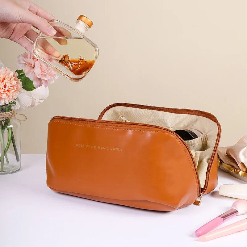 1pc Portable Travel Cosmetic Bag Large Capacity Pu Leather Cosmetic Bag Women Bathroom Wash Bag Multifunctional Shoppers Synchrony