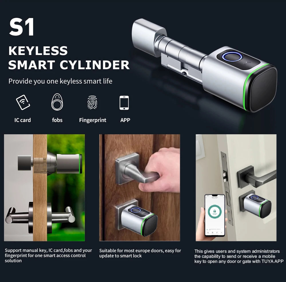 Smart Cylinder Lock With Tuya Bluetooth Fingerprint 13.56mhz IC Card Include CR123A Battery Easy Installation Replace S1 Shoppers Synchrony