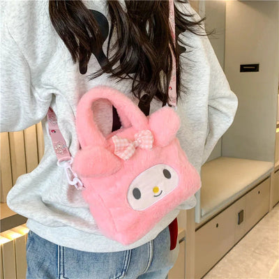 Kawaii Sanrio Plush Bag Kuromi Melody Cinnamoroll Cartoon Anime Handbag Crossbody Cosmetic Travel Storage Bags Women Girls Gifts Shoppers Synchrony