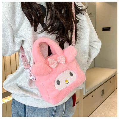 Kawaii Sanrio Plush Bag Kuromi Melody Cinnamoroll Cartoon Anime Handbag Crossbody Cosmetic Travel Storage Bags Women Girls Gifts Shoppers Synchrony