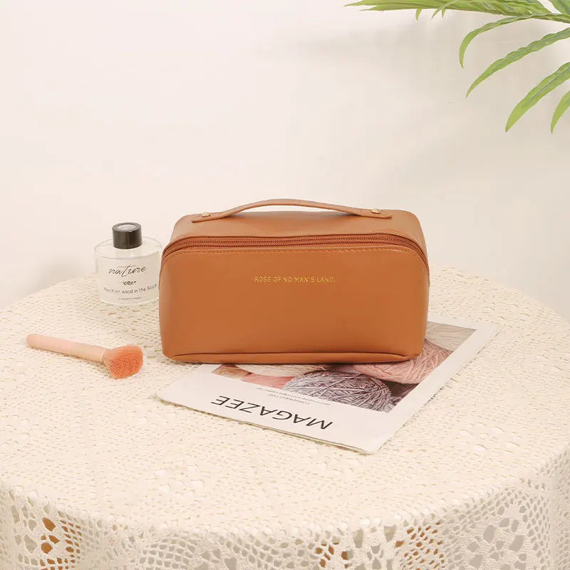 1pc Portable Travel Cosmetic Bag Large Capacity Pu Leather Cosmetic Bag Women Bathroom Wash Bag Multifunctional Shoppers Synchrony