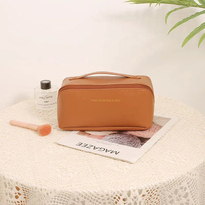 1pc Portable Travel Cosmetic Bag Large Capacity Pu Leather Cosmetic Bag Women Bathroom Wash Bag Multifunctional Shoppers Synchrony