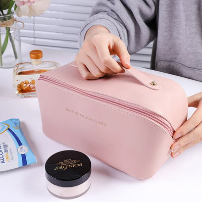 1pc Portable Travel Cosmetic Bag Large Capacity Pu Leather Cosmetic Bag Women Bathroom Wash Bag Multifunctional Shoppers Synchrony