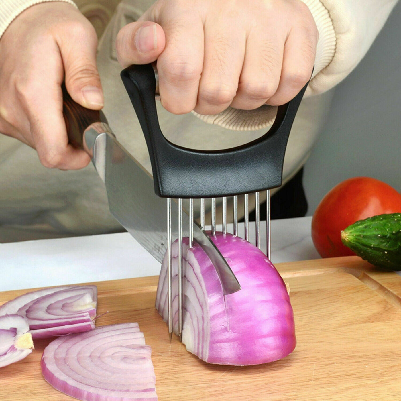 Food Slice Assistant - Stainless Steel Onion Holder Slicer Tomato Cutter NonSlip null