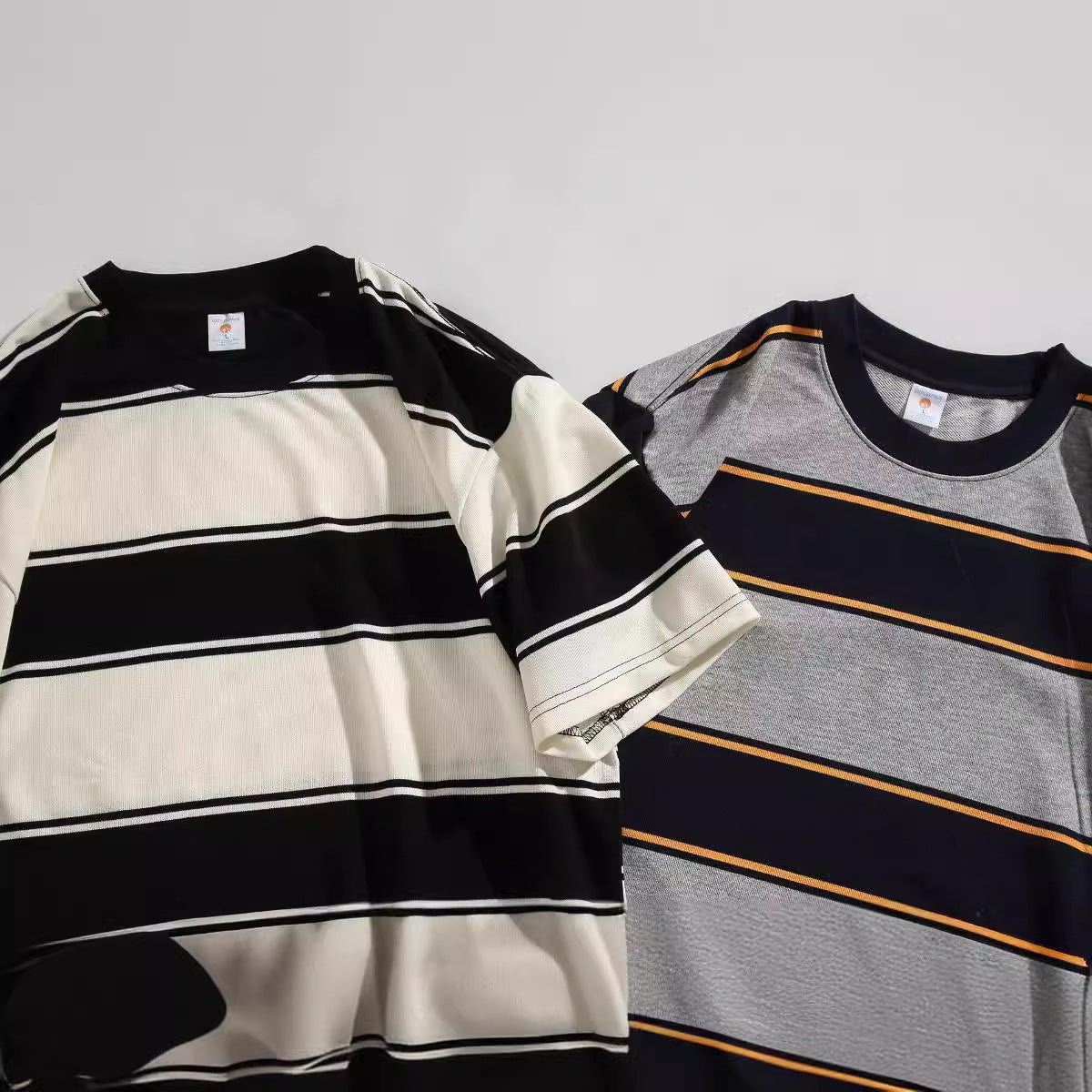 Cotton Round Neck Striped Off-shoulder Short Sleeve null