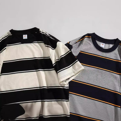 Cotton Round Neck Striped Off-shoulder Short Sleeve null