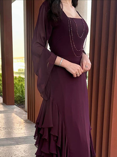 Burgundy Beaded Square Neck Ruffle Maxi Dress null