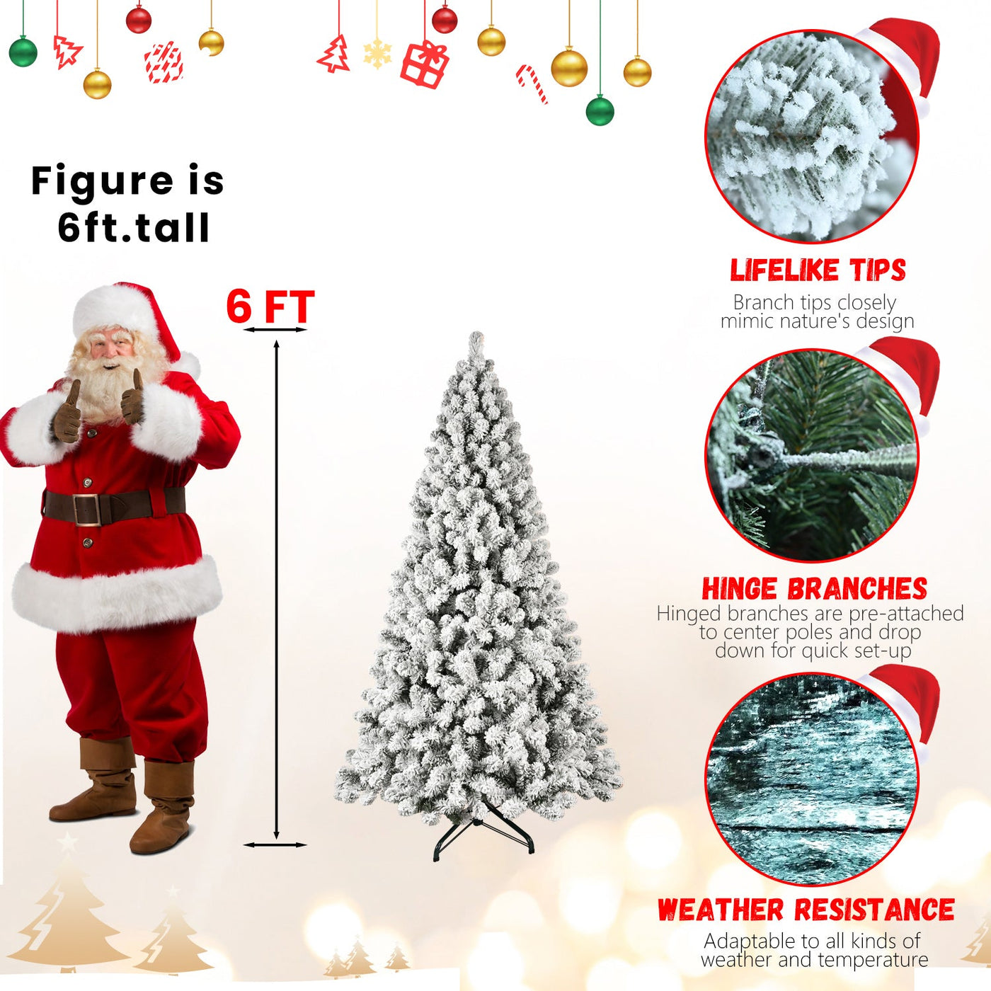 5ft 6ft 8ft 9ft Pre-Lit Flocked Christmas Tree Hinged Artificial Xmas Trees Premium PVC Branches With Lights null