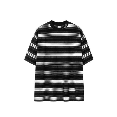 Men's Striped T-shirt Fine Woven Plaid Loose Street Embroidery null