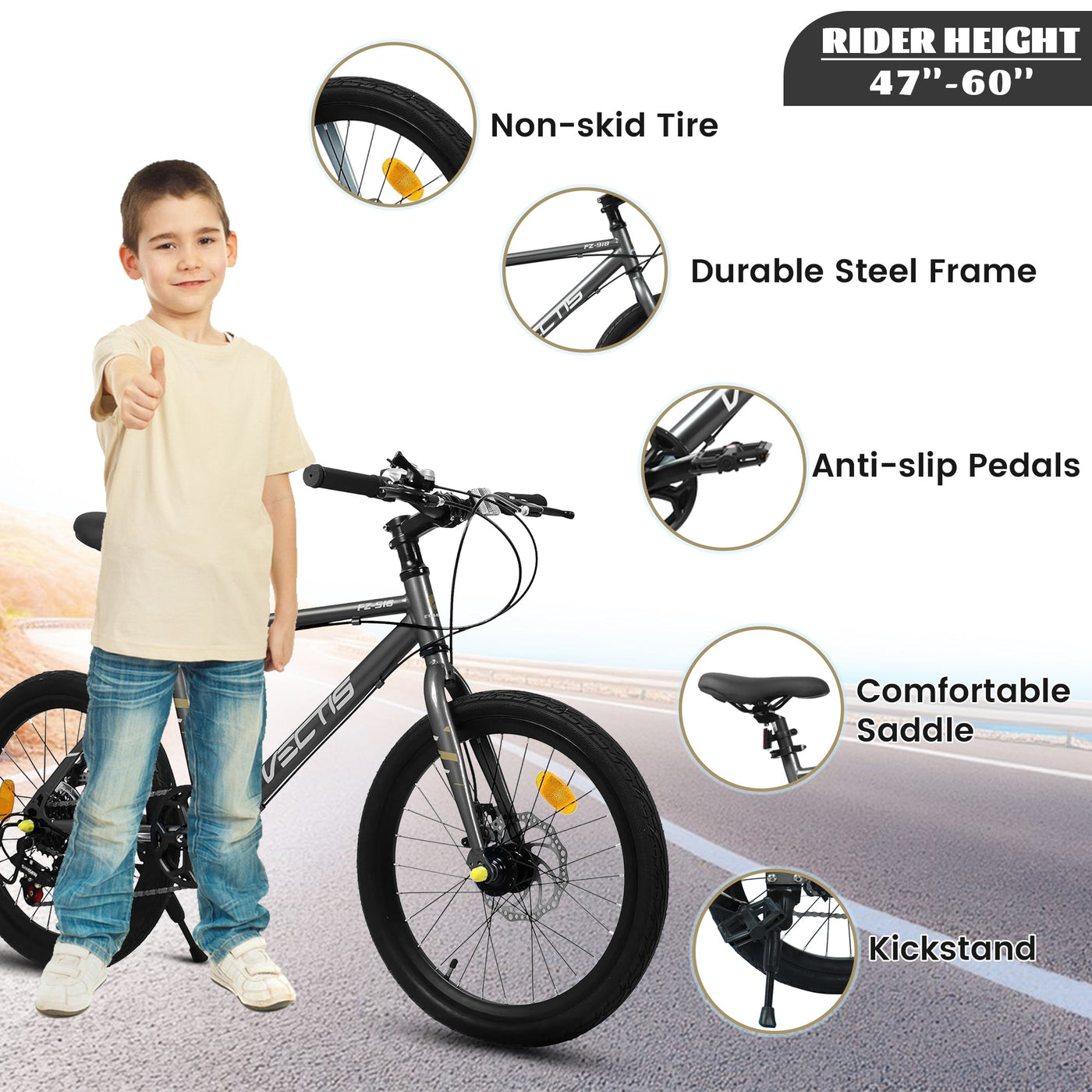A20183 Kids Bike For 6-12 Years Old, 20 Inch Children's Bicycle For Boys Girls, 7-Speed Steel Frame, , Dual Disc Brakes, 20x1.75 Inch Tires Road Bike, 4 Color Options null