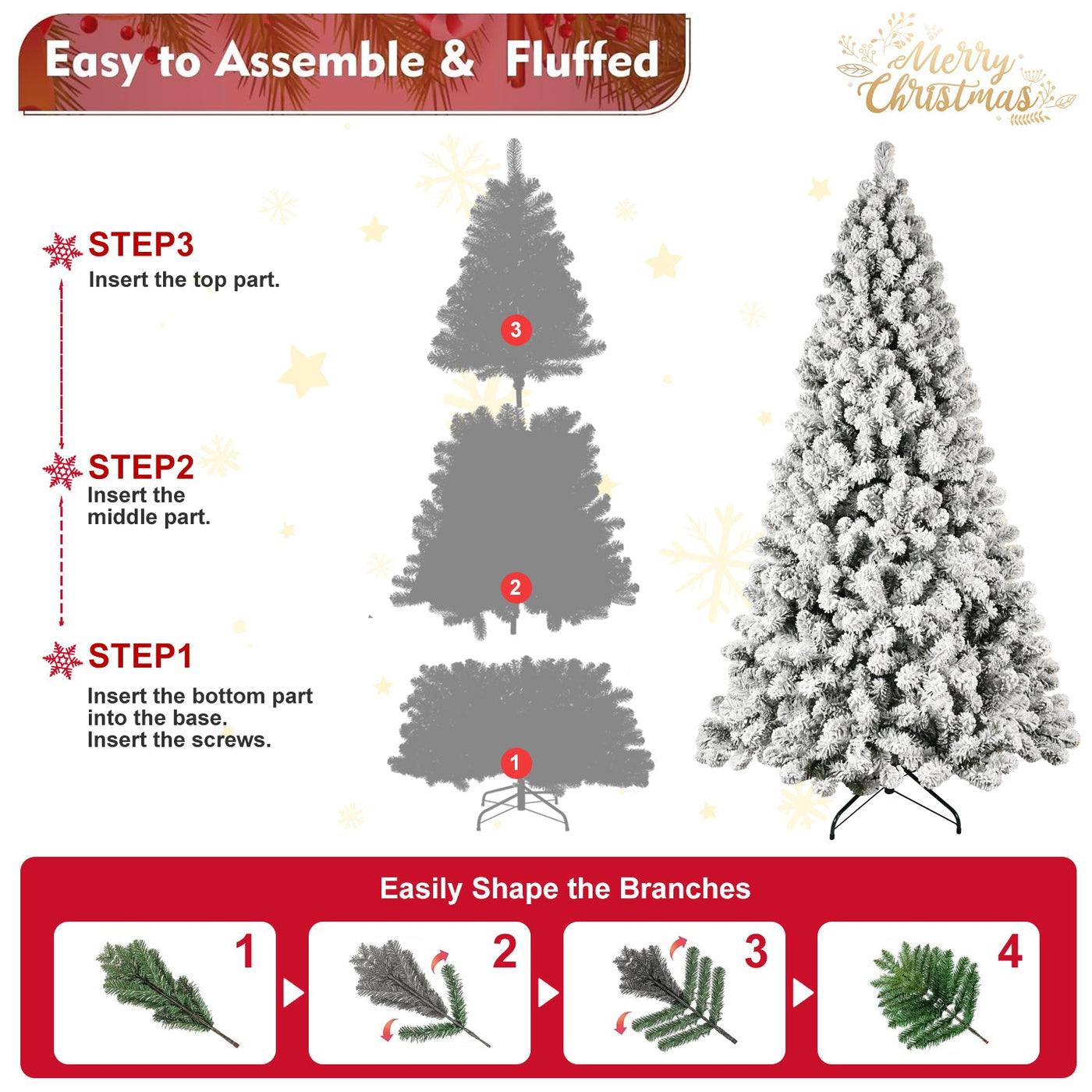 5ft 6ft 8ft 9ft Pre-Lit Flocked Christmas Tree Hinged Artificial Xmas Trees Premium PVC Branches With Lights null
