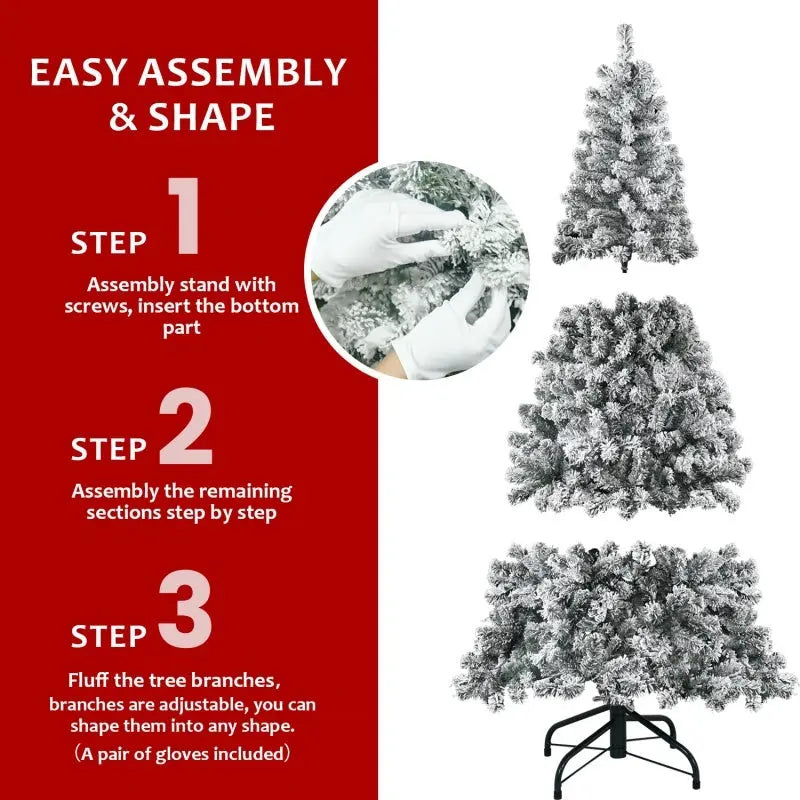 Unlit Artificial Christmas Tree Snow Flocked Fake Christmas Tree With Foldable Base null