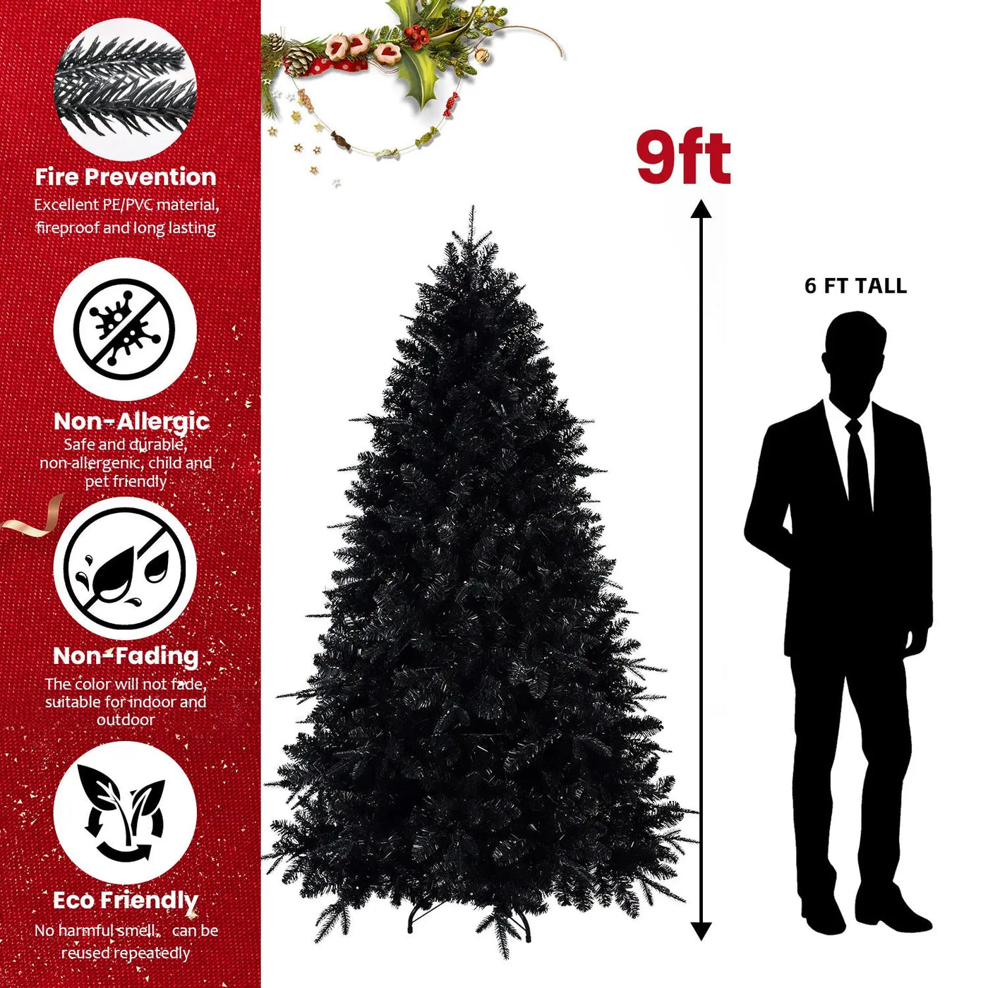 Prelit Black Christmas Tree With White Lights Artificial Fake Christmas Tree With PE&PVC Branch Tips For Halloween And Xmas Tree For Holiday Decorations, Metal Stand And Hinged Branches null