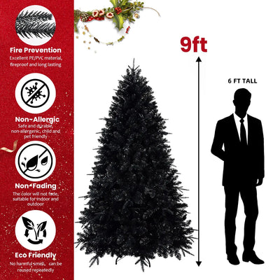 Prelit Black Christmas Tree With White Lights Artificial Fake Christmas Tree With PE&PVC Branch Tips For Halloween And Xmas Tree For Holiday Decorations, Metal Stand And Hinged Branches null
