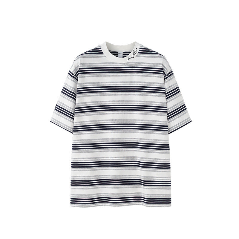 Men's Striped T-shirt Fine Woven Plaid Loose Street Embroidery null